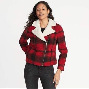 Old Navy Red Buffalo Plaid Sherpa Moto Jacket